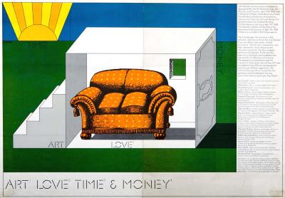 Posters depicts: orange poster in white cube with sun in background
