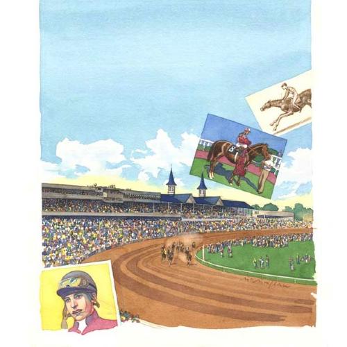 Original Art depicts: Birds eye view of a horse race with the track and the horses on the right and the audience stadium on the left. There are several photographs cut in, one of a portrait of a woman jockey on the bottom left, one of a jockey on a standing horse in profile in the middle right, and one of a jockey on a running horse above that one.