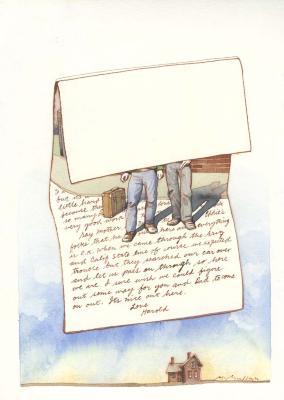 Original Art depicts: Illustration of a letter that is folded over at the top, with the legs of two men wearing jeans and one carrying a briefcase peaking out from the bottom and writing below. Below the letter is a house in the distance.