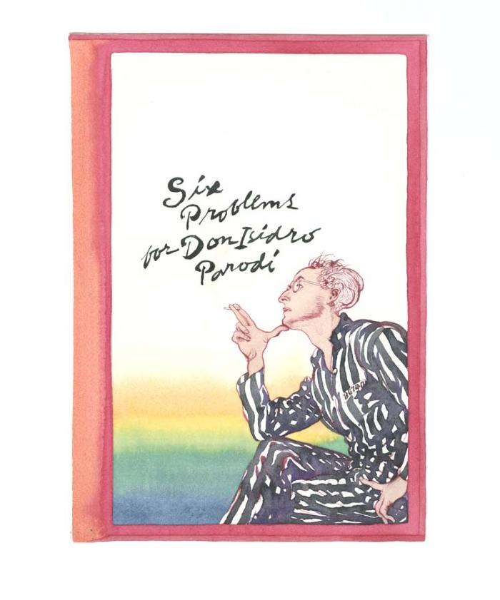 Original Art depicts: A man in a black and white pinstripe suit sits in a side view facing the left on the lower right corner of the illustration. His left hand is by his side, his legs are crossed, and his right elbow is resting on his knee, with his hand making the shape of a gun, and his chin resting on his thumb. There is text at the top of the image and a red border around the image.