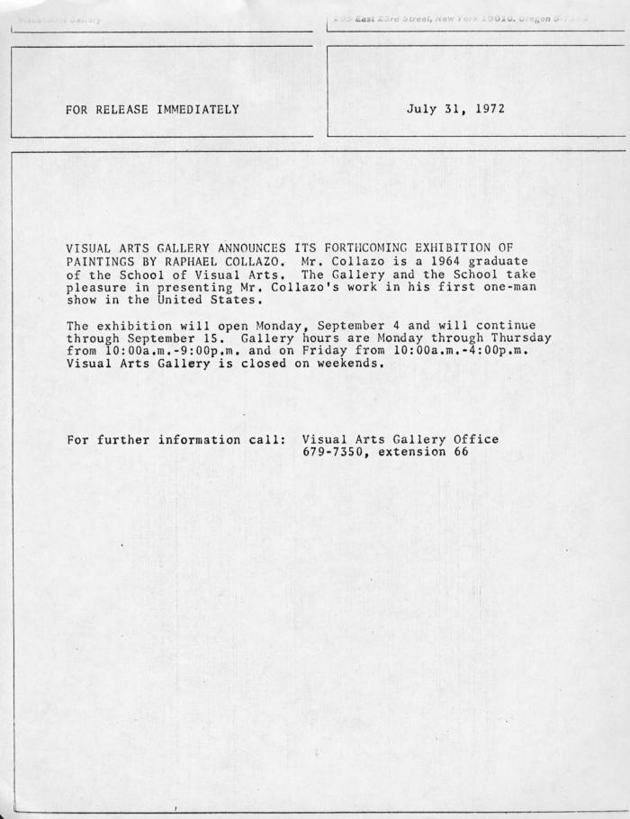 Press Releases depicts: Typewritten description of exhibition