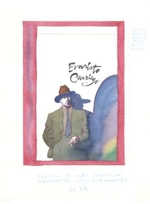 Original Art depicts: Illustration of a man in a front view mid shot leaning his back against a white wall in the middle of the image. He is wearing a brown suit and hat, with his left elbow bent with a cigarette in his hand, and a shadow to the right of the image and text above, with a red border around the image.