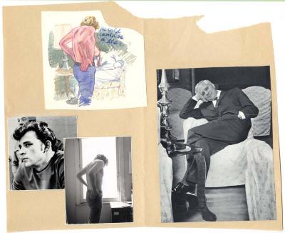 Original Art depicts: Four images, with the top left being an illustration of the back view of a man in only blue jeans, with a man sitting down to the left and looking at the first man. The three on the bottom are reference photos, the leftmost being a bust of a man who is tilting his head to the left, the middle being the back of a man with his hands on his hips, and the right being a man in a suit sitting casually on a chair.