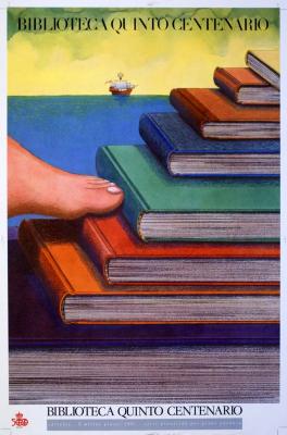 Posters depicts: Bare foot stepping up on a stack of books arranged as a staircase