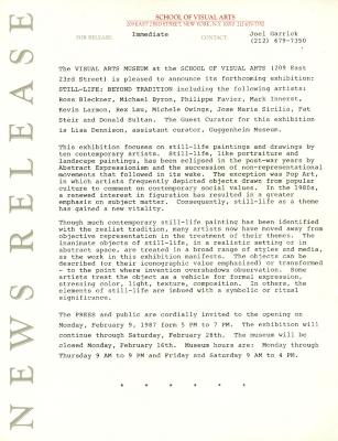 Press Releases depicts: Typewritten document describing exhibition