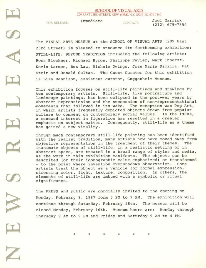 Press Releases depicts: Typewritten document describing exhibition