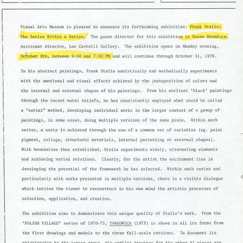 Press Releases depicts: Typewritten description of exhibition