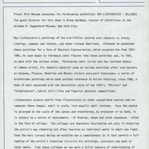 Press Releases depicts: Typewritten description of exhibition