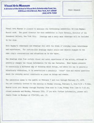 Press Releases depicts: Typewritten description of exhibition