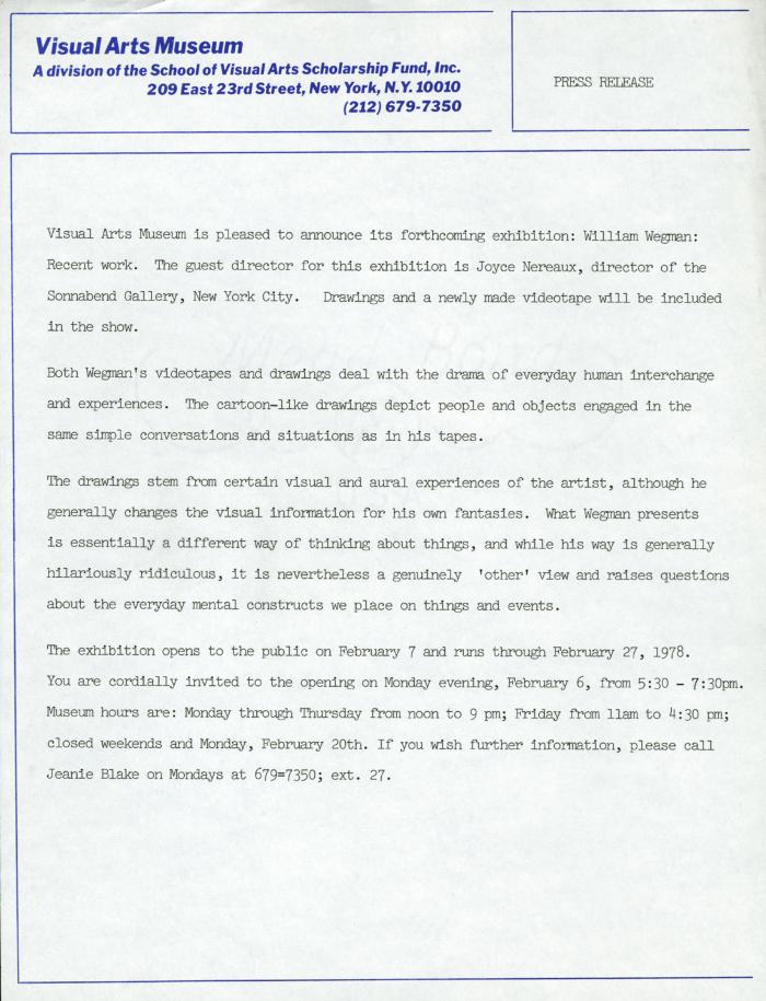 Press Releases depicts: Typewritten description of exhibition