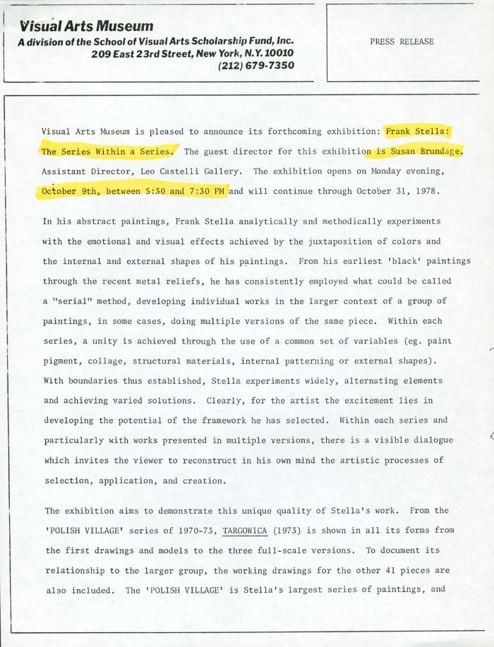Press Releases depicts: Typewritten description of exhibition