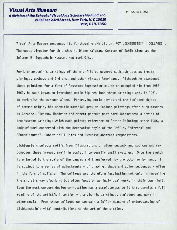 Press Releases depicts: Typewritten description of exhibition