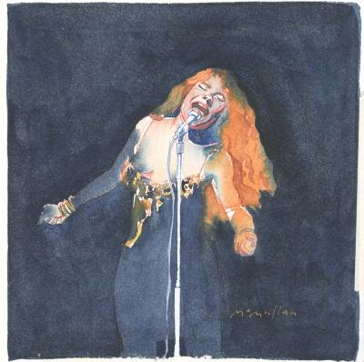 Original Art depicts: Colored sketch of Janis Joplin singing in a front view with a microphone in front of her. Her arms are slightly outward and her face is scrunched, with her red hair contrasting against the solid blue background.