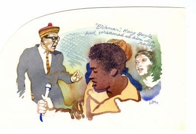 Original Art depicts: Two people with medium-light skins tones are on either side of a man with a dark skin tone in the foreground. The people in the background seem to be arguing.