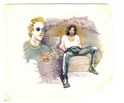 Original Art depicts: Illustration of a person in a front view sitting with their legs open and their hands in their pockets on a couch to the right of the image and a bust of a man wearing sunglasses to the left of the image.