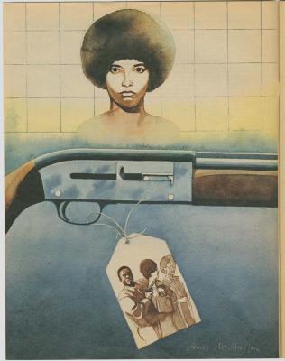 Clippings/Tearsheets depicts: Front bust view of a woman with an afro, where below her there is the bottom end of a rifle against a blue background with a tag hanging off the trigger with an illustration of a man holding a gun to the throat of a woman walking with her friend.