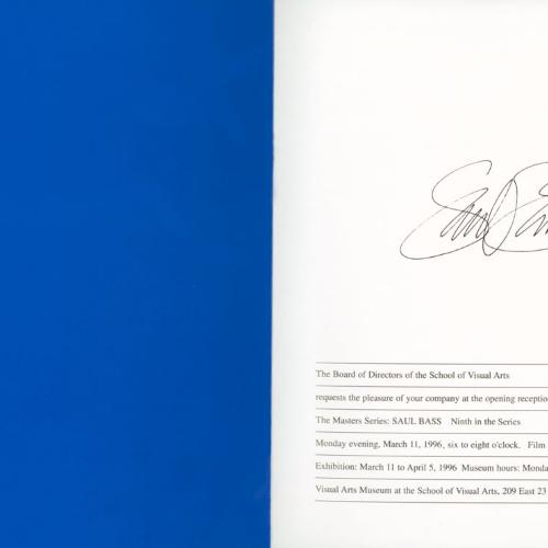 Announcements and invitations depicts: Interior of invitation to Saul Bass Masters Series exhibition with exhibition details