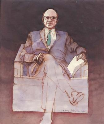 Original Art depicts: Front view of a bald, spectacled man sitting in an armchair with his legs crossed. The man has a black suit with a green tie on, and has one hand resting on his knee and the other hand holding a book open.