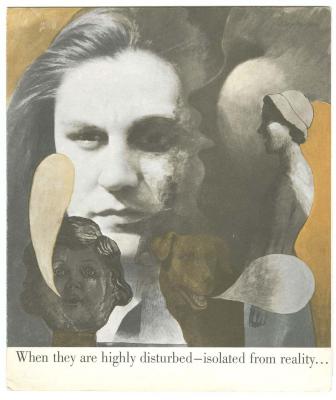 Clippings/Tearsheets depicts: Pencil collage of several woman's faces, a woman's silhouette, and a dog. Most of the image is dark with the focal point being the lighter pencil sketch of a woman's face in the upper left.