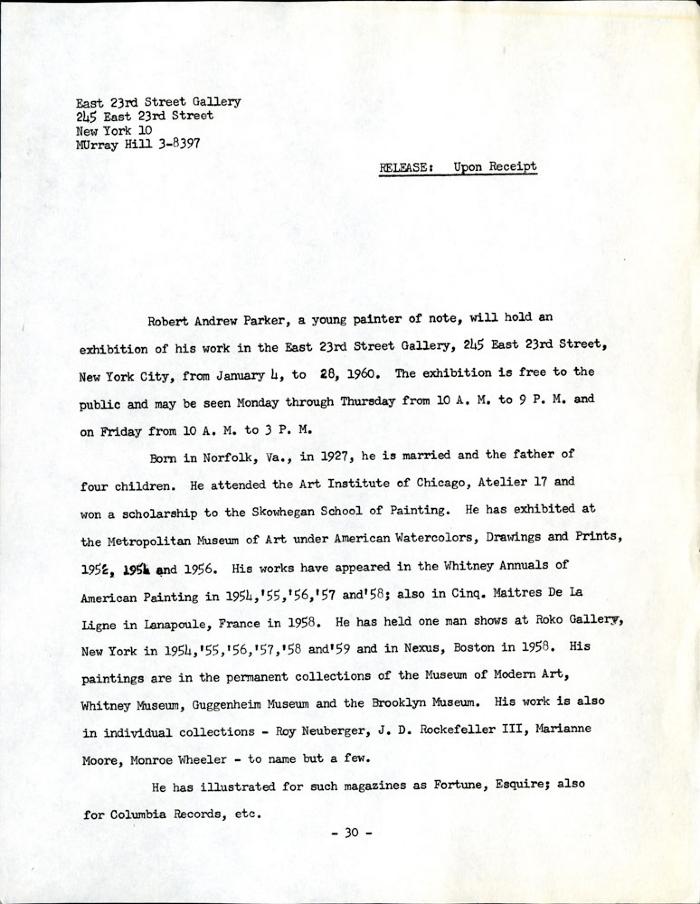 Press Releases depicts: Typewritten page with biographical and professional information on Robert Andrew Parker