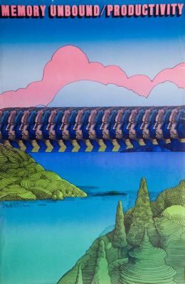Posters, Posters depicts: Profiles lined up across a body of water with pink and blue clouds overhead
