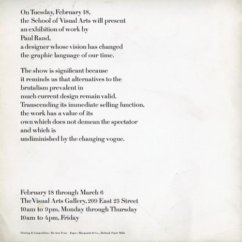 Announcements and invitations depicts: Exhibition details in black type on white background