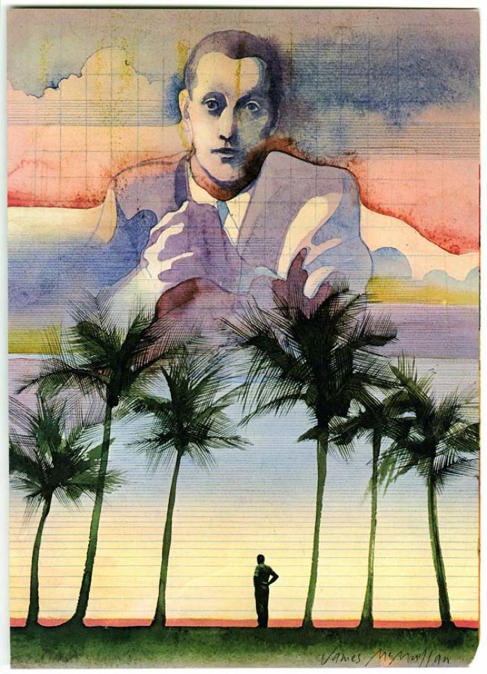 Clippings/Tearsheets depicts: Front view bust of a man in a suit in a sunset. Below are palm trees, and a silhouette in the distance under the palm trees.