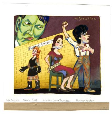 Original Art depicts: Large green face of a man in the upper left corner in the background looking over a yellow brick fence at three front views of people. On the left a woman dressed in black looking to the left with her hands out, in the middle a woman dressed in red tied to a green chair looking right, and a man on the right with one hand on his chest and one up in the air and eyes closed facing right.