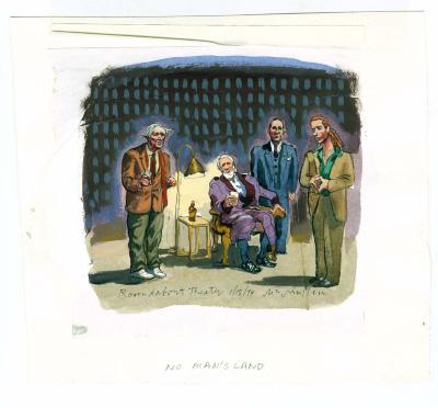 Original Art depicts: Four front views of people in a blank room. The left to right, there is a man standing holding a glass in a brown suit, next is a man sitting in a purple suit holding a drink, next is a man in a blue suit standing straight, next is a man in a tan suit looking to the left. There is a table with a lamp and a bottle on it in between the first two men.