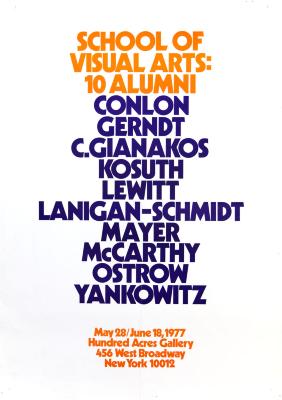 Posters depicts: Text in orange and purple on white paper