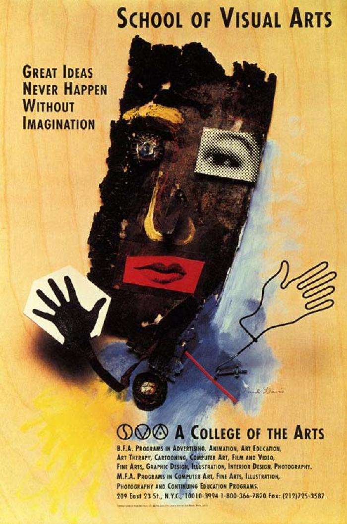 Posters depicts: Mixed media (collage and paint) depiction of a person's face and hands against a wooden background.