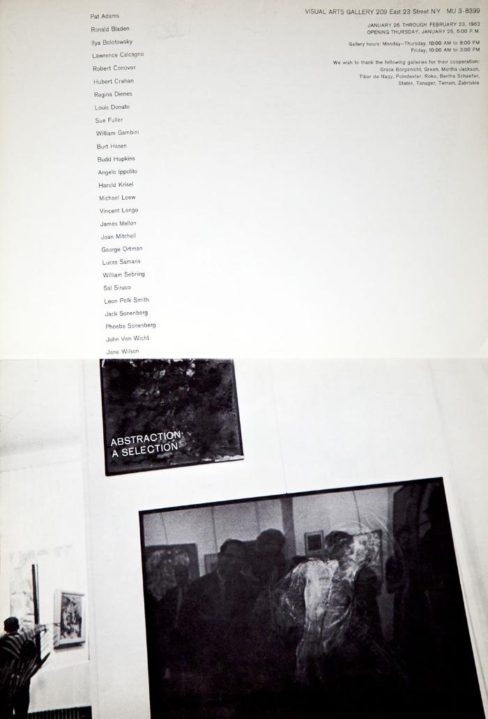 Posters depicts: Photograph of gallery with art hanging below a vertical list of participating artists