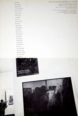 Posters depicts: Photograph of gallery with art hanging below a vertical list of participating artists