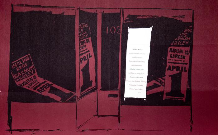 Posters depicts: Drawing of Ringling Brothers posters on walls