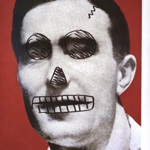 Portfolios depicts: black and white photograph of mid-20th-century man's face, skull features drawn over his face