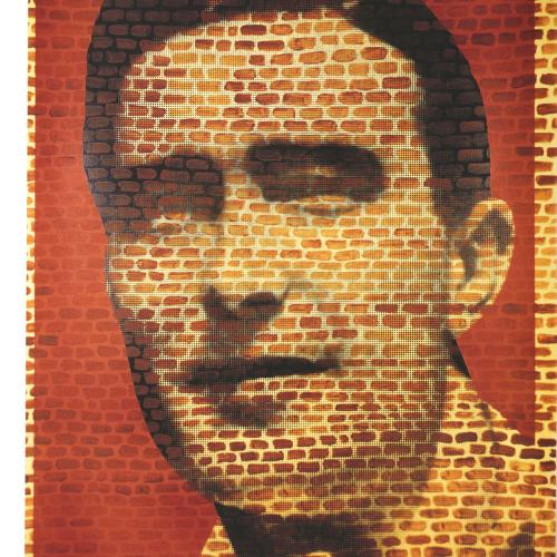 Portfolios depicts: black and white photograph of mid-20th-century man's face, made to look like a mural painted on a brick wall