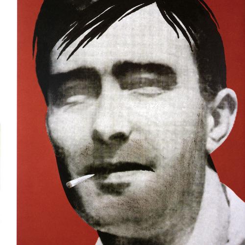 Portfolios depicts: black and white photograph of mid-20th-century man's face, with added stubble, greasy hair, and a joint