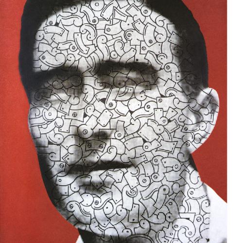 Portfolios depicts: black and white photograph of mid-20th-century man's face, face covered in Memphis style black-line shapes