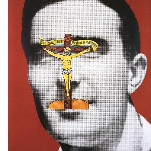 Portfolios depicts: black and white photograph of mid-20th-century man's face, with cartoon crucifix covering eyes, nose, and mouth