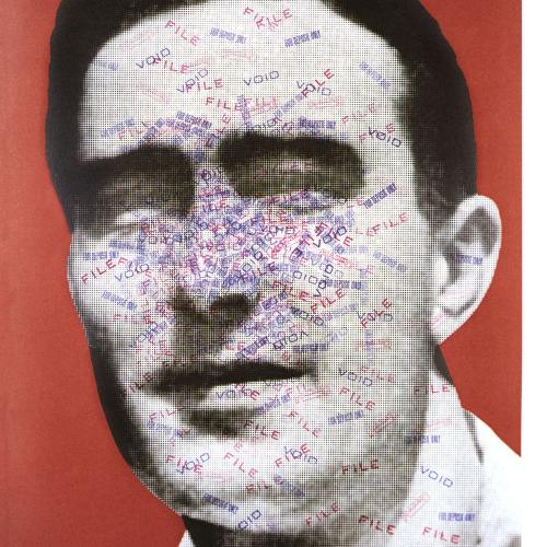 Portfolios depicts: black and white photograph of mid-20th-century man's face, haphazardly covered in business-related ink-stamps