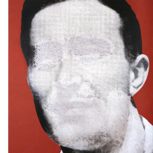Portfolios depicts: black and white photograph of mid-20th-century man's face, face is whitewashed