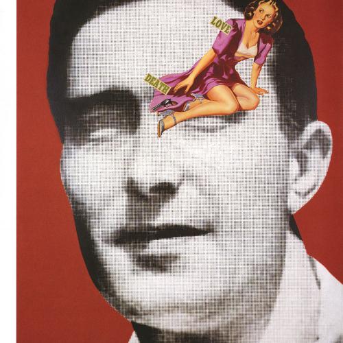 Portfolios depicts: black and white photograph of mid-20th-century man's face, with pulp-novel woman reaching for gun over the left eye, "love" and "