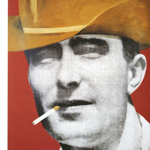 Portfolios depicts: black and white photograph of mid-20th-century man's face, with added cowboy hat and cigarette
