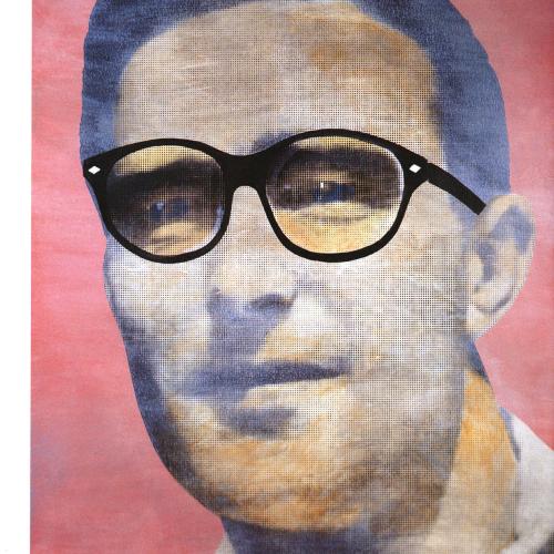 Portfolios depicts: black and white photograph of mid-20th-century man's face, washed out except for eyes seen through added eyeglasses