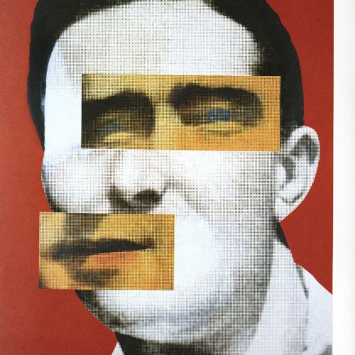 Portfolios depicts: black and white photograph of mid-20th-century man's face, eyes and mouth slightly displaced and hand colored