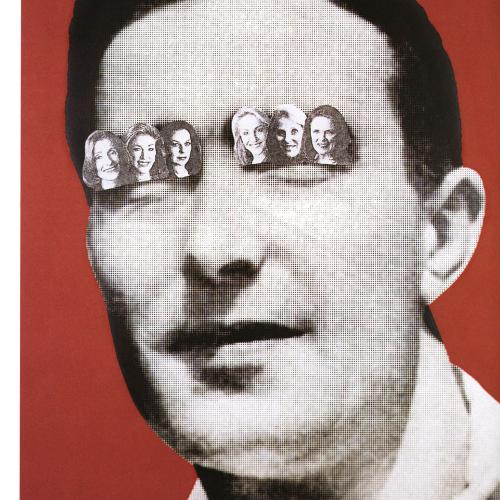 Portfolios depicts: black and white photograph of mid-20th-century man's face, three women's photo portraits collaged over each eye