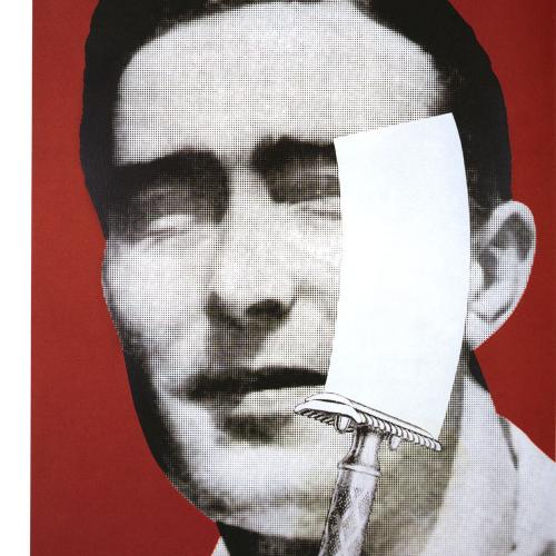 Portfolios depicts: black and white photograph of mid-20th-century man's face, a razor leaves behind a blank swathe