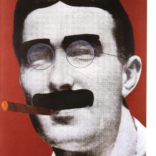 Portfolios depicts: black and white photograph of mid-20th-century man's face, with glasses, hair, mustache, and cigar reminiscent of Groucho Marx