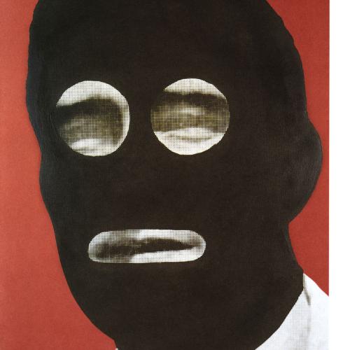 Portfolios depicts: black and white photograph of mid-20th-century man's face, face and hair blackened with spaces for eyes and mouth (suggestive of a balaclava)