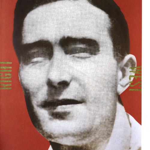 Portfolios depicts: black and white photograph of mid-20th-century man's face, surrounded by the words "below" "west" "101" "right" in gold stamped letters